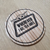 Laser cut wooden coaster. The child Yoda Mando tea pun - Unique Gift lasercut