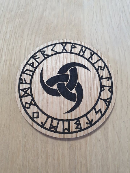 Laser Cut Oak Coaster: Horns of Odin, Viking Runes