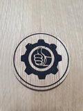 Laser cut wooden coaster personalised. Vault Thumbs up