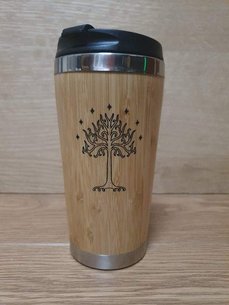 Lasercut Travel Mug - S-Steel with 100% Bamboo exterior - white tree gondor - Unique Gift