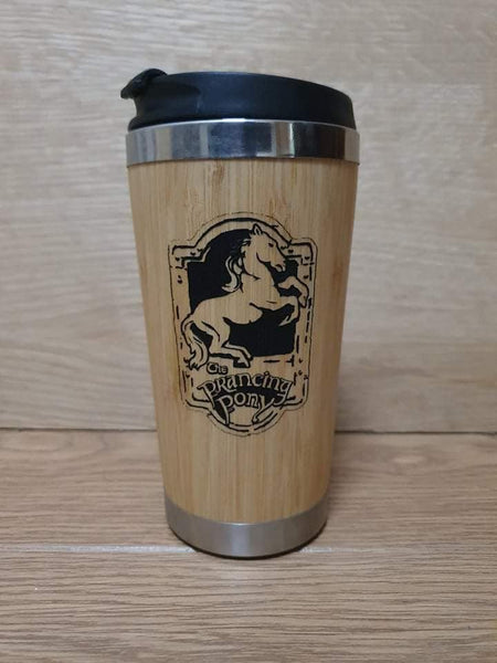 Lasercut Travel Mug - S-Steel with 100% Bamboo exterior - Prancing Pony - Unique Gift