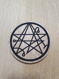 Arkham Horror Coaster: Laser Cut Necronomicon Symbol, Oak Veneer