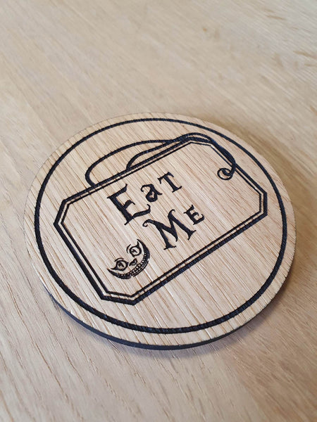 Laser cut wooden coaster. Alice Eat Me - Unique Gift lasercut