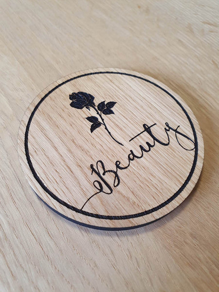 Laser Cut Oak Veneer Coaster: Beauty Rose Design
