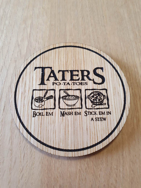Laser Cut Oak Veneer Coaster: Taters Quote Gift