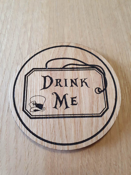 Laser cut wooden coaster. Alice Drink Me - Unique Gift lasercut