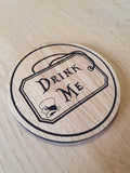 Laser cut wooden coaster. Alice Eat Me Drink Me Double Deal - Unique Gift lasercut