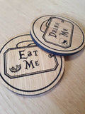 Laser cut wooden coaster. Alice Eat Me Drink Me Double Deal - Unique Gift lasercut