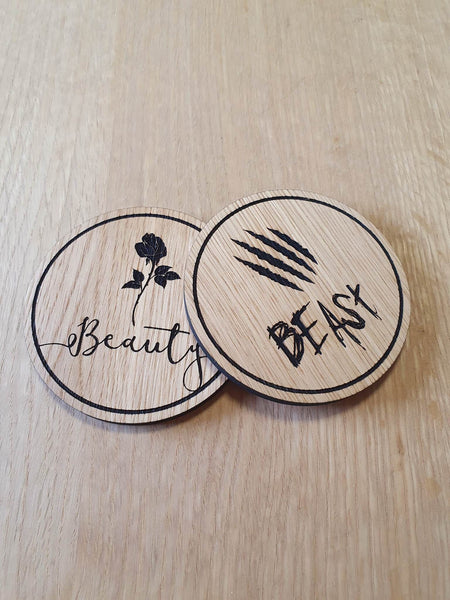 Laser Cut Oak Veneer Coaster Set: Beauty and Beast Design