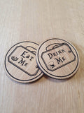 Laser cut wooden coaster. Alice Eat Me Drink Me Double Deal - Unique Gift lasercut