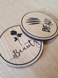 Laser Cut Oak Veneer Coaster Set: Beauty and Beast Design