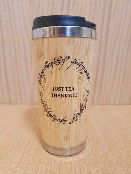 Lasercut Travel Mug - S-Steel with 100% Bamboo exterior - One ring just tea pun - Unique Gift
