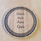 Laser cut wooden coaster. Father Ted Drink Quote Celtic surround - Unique Gift lasercut