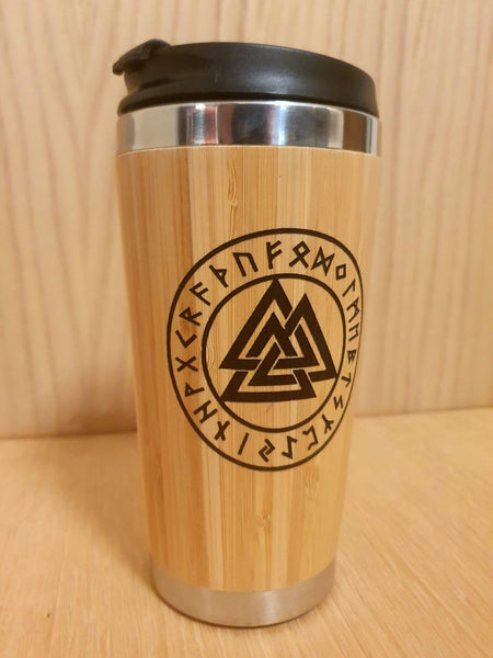 Laser Engraved Bamboo Travel Mug: Nordic Valknut Viking Gift