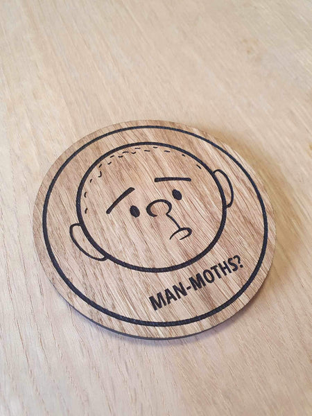 Laser cut wooden coaster. Karl Pilkington animation man-moth - Unique Gift lasercut