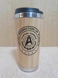 Laser Engraved Bamboo Travel Mug: Trek Federation Planets