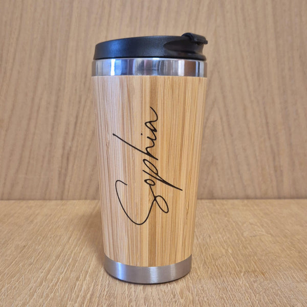 Laser Engraved Bamboo Travel Mug: Personalized Stainless Steel Mug