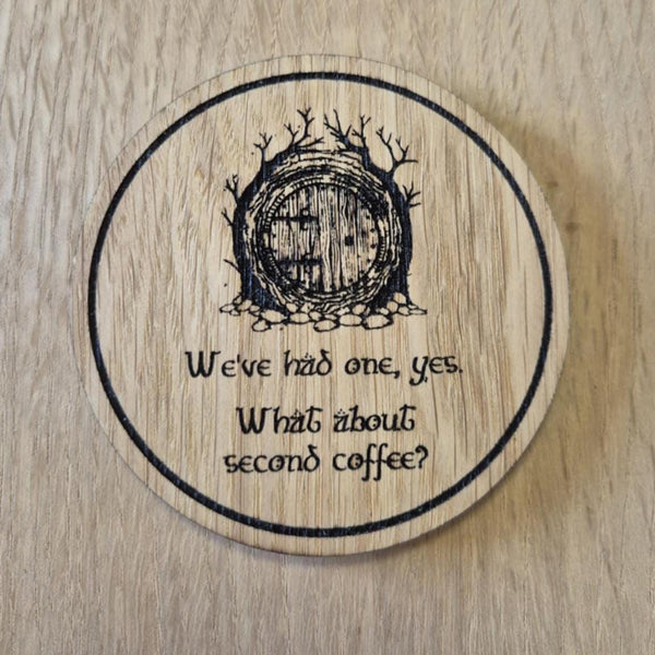 Laser cut wooden coaster. Hobbit Door second coffee pun - Unique Gift lasercut