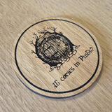 Laser cut wooden coaster. Hobbit Door pints quote - Unique Gift lasercut