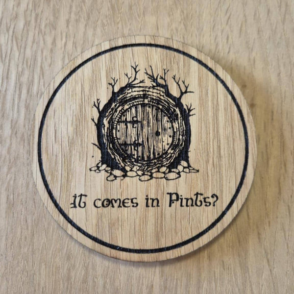 Laser cut wooden coaster. Hobbit Door pints quote - Unique Gift lasercut