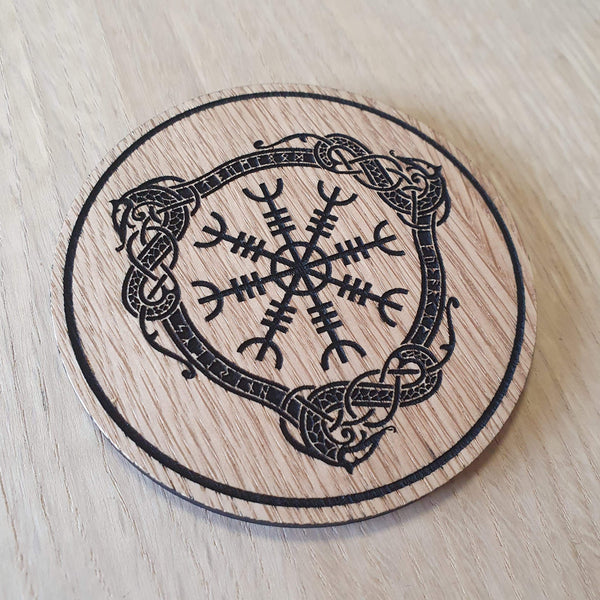 Laser cut wooden coaster personalised. Aegishjalmur Helm of Awe Nordic Viking symbol