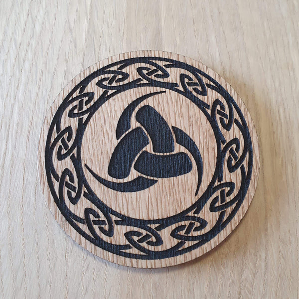Laser cut wooden coaster personalised. Horns of Odin Nordic Viking symbol