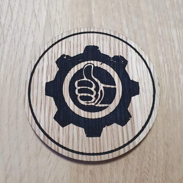 Laser cut wooden coaster personalised. Vault Thumbs up Design2