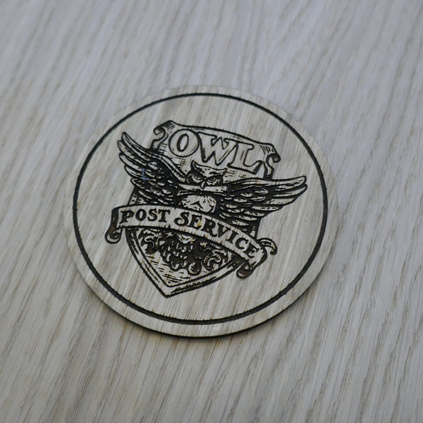 Laser cut wooden coaster personalised. owl post service