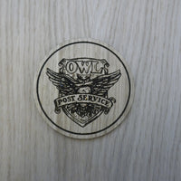 Laser cut wooden coaster personalised. owl post service