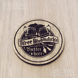 Laser cut wooden coaster personalised. butter beer broomsticks