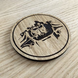 Laser cut wooden coaster personalised. Power armor