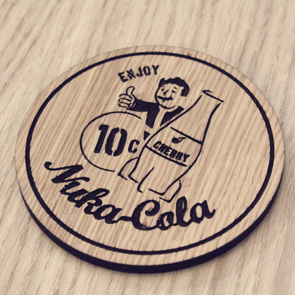 Laser cut wooden coaster personalised. nuka cola cherry
