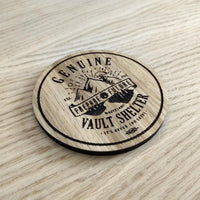 Laser cut wooden coaster personalised. Vault shelter