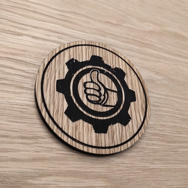 Laser cut wooden coaster personalised. Vault Thumbs up