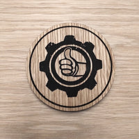 Laser cut wooden coaster personalised. Vault Thumbs up