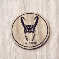 Laser cut wooden coaster personalised. I am Listening