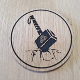 Laser cut wooden coaster personalised. Mjolnir