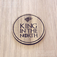 Laser cut wooden coaster personalised.  Game of Thrones pun King in the North