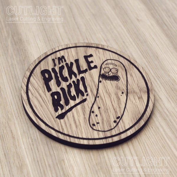 Laser cut wooden coaster personalised. Pickle Rick