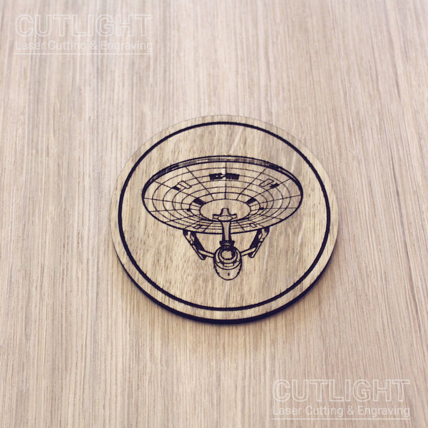 Laser cut wooden coaster personalised.  Enterprise Spaceship