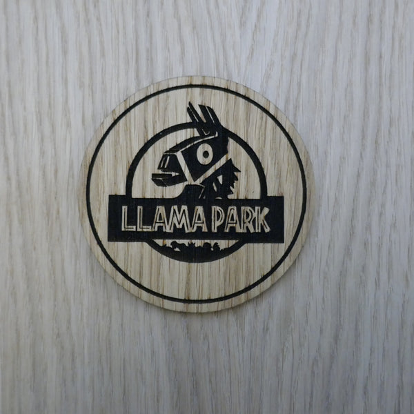 Laser cut wooden coaster personalised. Llama Park pun