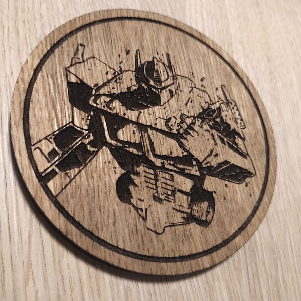 Laser cut wooden coaster personalised. Optimus Prime torso. Fist clenched