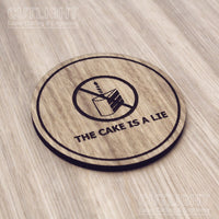 Laser cut wooden coaster personalised. Portal The Cake is a Lie