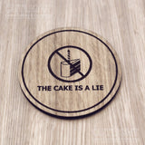 Laser cut wooden coaster personalised. Portal The Cake is a Lie