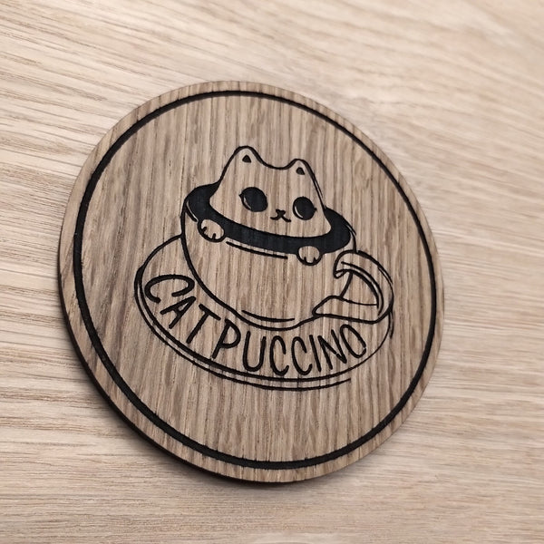 Laser cut wooden coaster personalised. Cat coffee pun