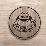 Laser cut wooden coaster personalised. Cat coffee pun