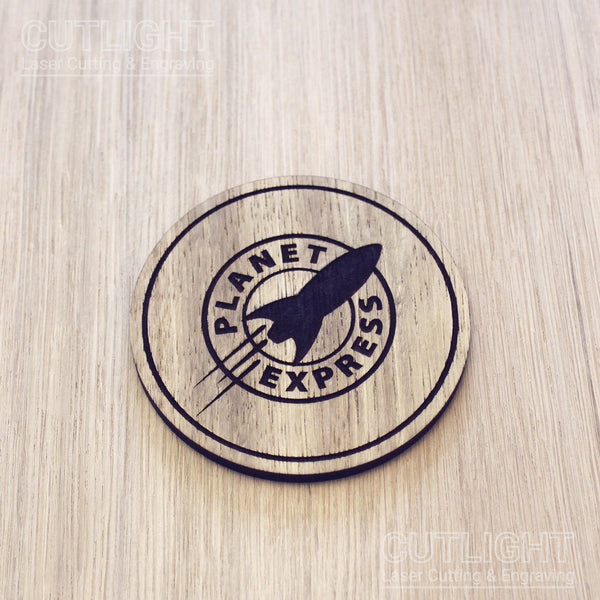 Laser cut wooden coaster personalised. Planet Express