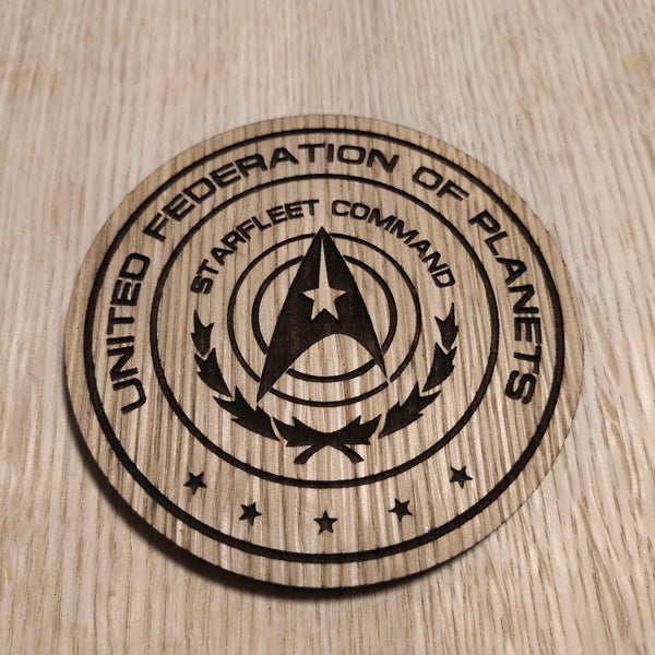 Laser cut wooden coaster personalised. Federation of Planets