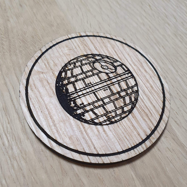 Laser cut wooden coaster personalised. Death Star