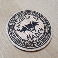 Laser cut wooden coaster personalised. Daughter Of Hades